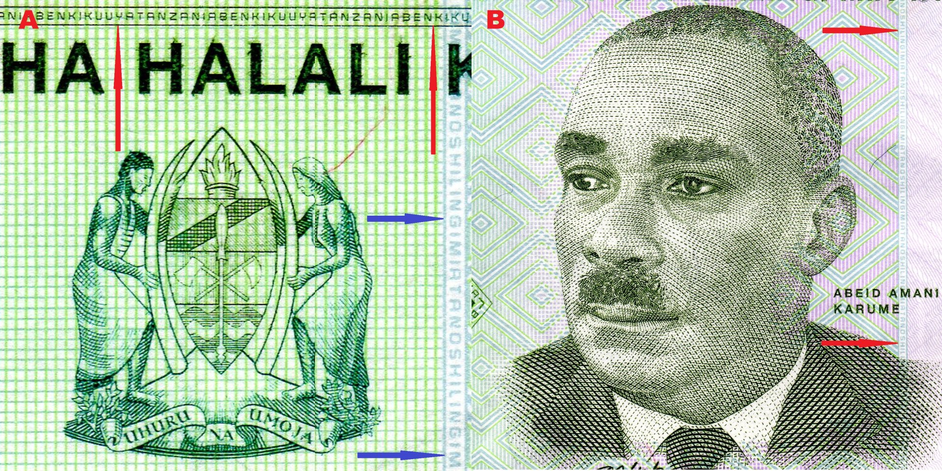 Obr. 1. A) Státní znak Tanzanie, šipky směřují k horizontálnímu a vertikálnímu řádku pozitivního mikropísma. B) Portrét prvního prezidenta Zanzibaru - Abeid Amani Karume.
