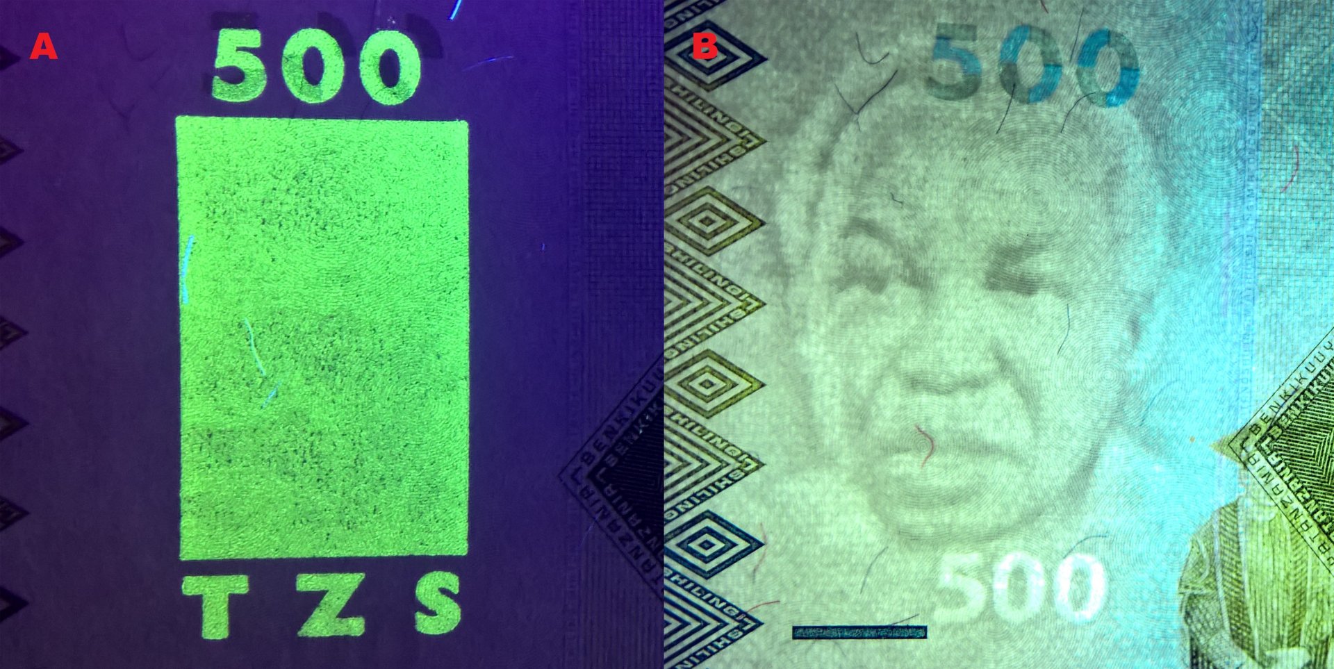Obr. 2. A) UV pole, nominál a akronym měny. B) Portrétní vodoznak – první prezident Tanzanie – mwalimu Julius Kambarage Nyerere, nominál "500" nahoře jako soutisková značka a dole jako „500“ elektrotype.