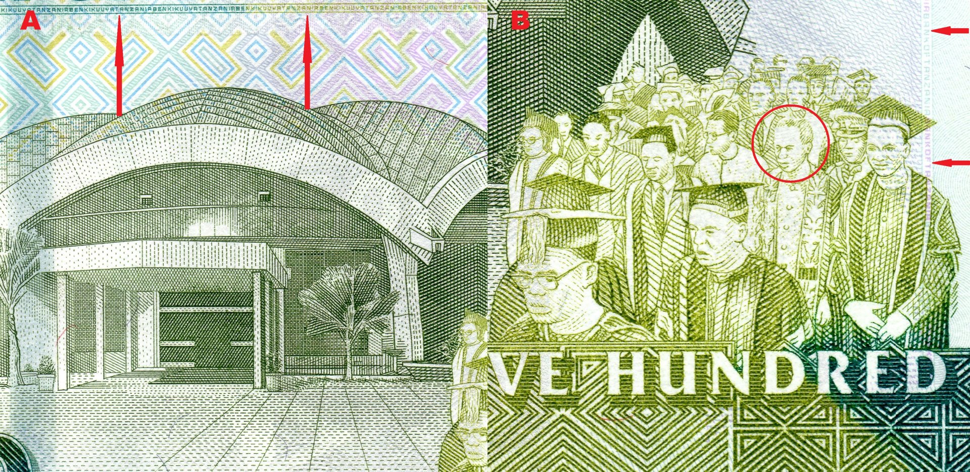 Obr. 4. A) Pohled na průčelí budovy „Nkrumah Hall“ Univerzity Dar es Salaam“, šipky směřují k horizontálnímu řádku pozitivního mikropísma. B) Graduální průvod, v kroužku označena postava prezidenta Graduální, šipky směřují k vertikálnímu řádku pozitivního