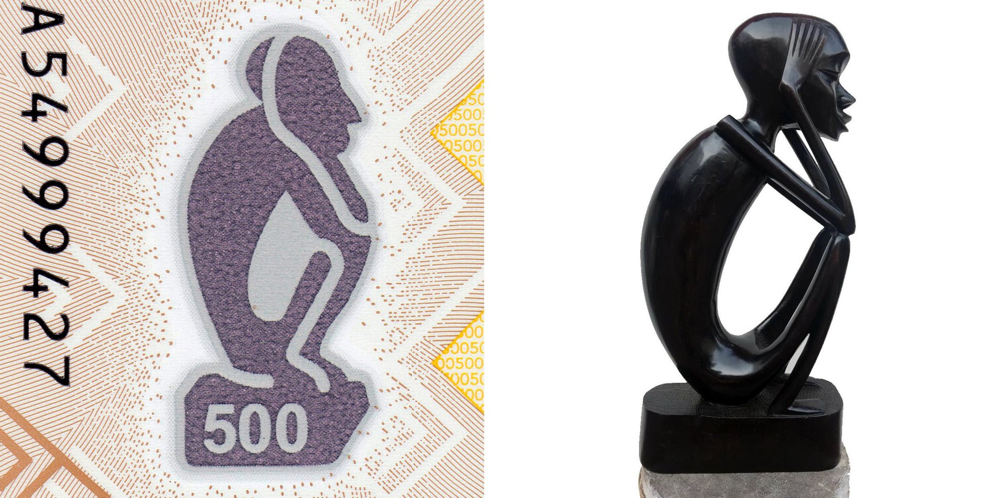 1. A) Silueta sošky "O Pensador" v polymerovém okně bankovky P-161. B) Jedno z mnoha uměleckých ztvárnění Pensadora. Převzato z: https://afrishopp.com/product/escultura-pensador/?wmc-currency =EUR& mode=list