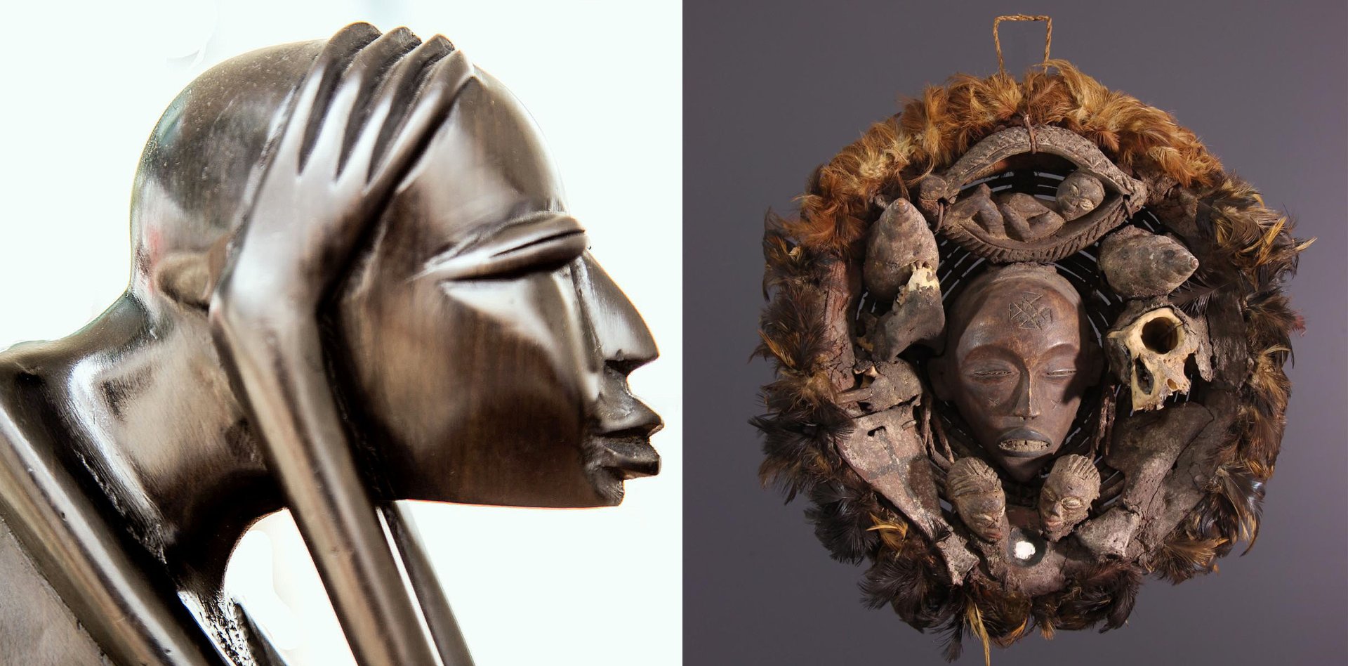 3. A) Detail hlavy sošky pensadora v jiném uměleckém pojetí. Převzato z: https://bobsbest.blog B) Věštecký košík s artefakty. Převzato z: https://www.african-arts-gallery.com/african-art/Fetish/Pnaier-Tschokwe/ 16829