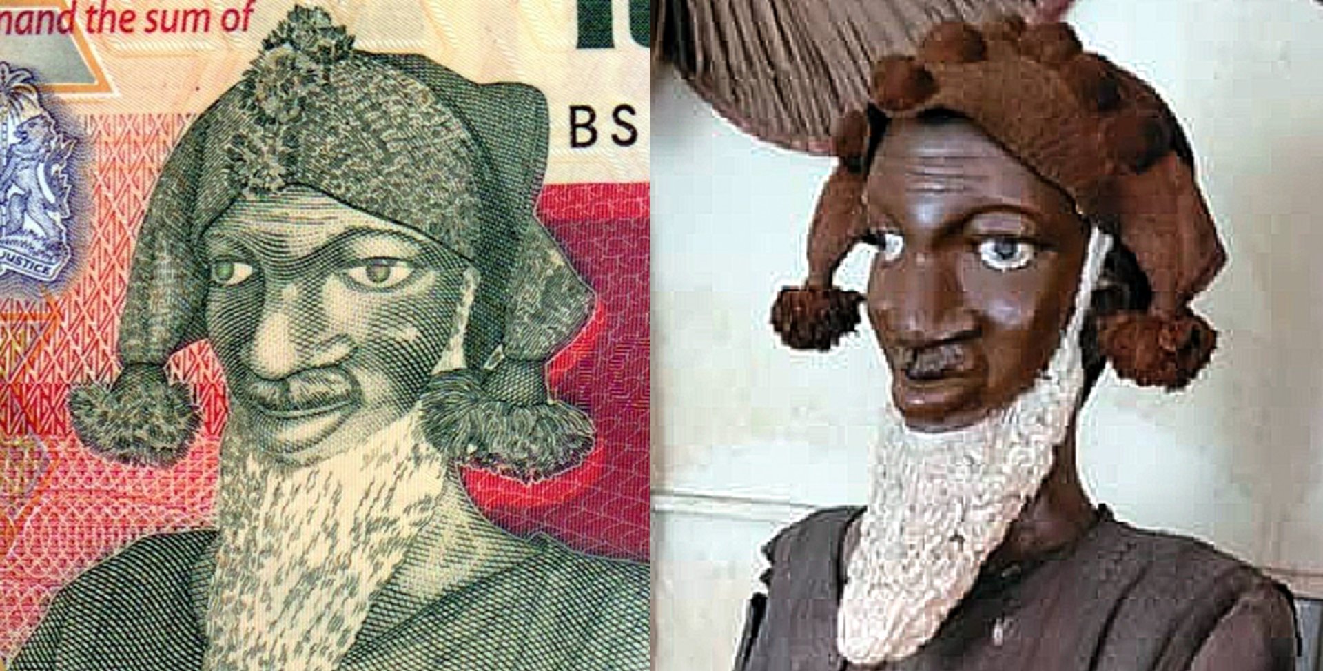 Obr.1. A) Portrét Bai Bureha na bankovce P-20. B) Předlohou portrétu je skulptura vytvořená v roce 1963. Výřez z fotografie neznámého autora. Převzato z: https://awokonewspaper.sl/former-peace-corps-gary-schulze-bemoans-use-of-wrong-bai-bureh-picture-on-face-of-new-leone/