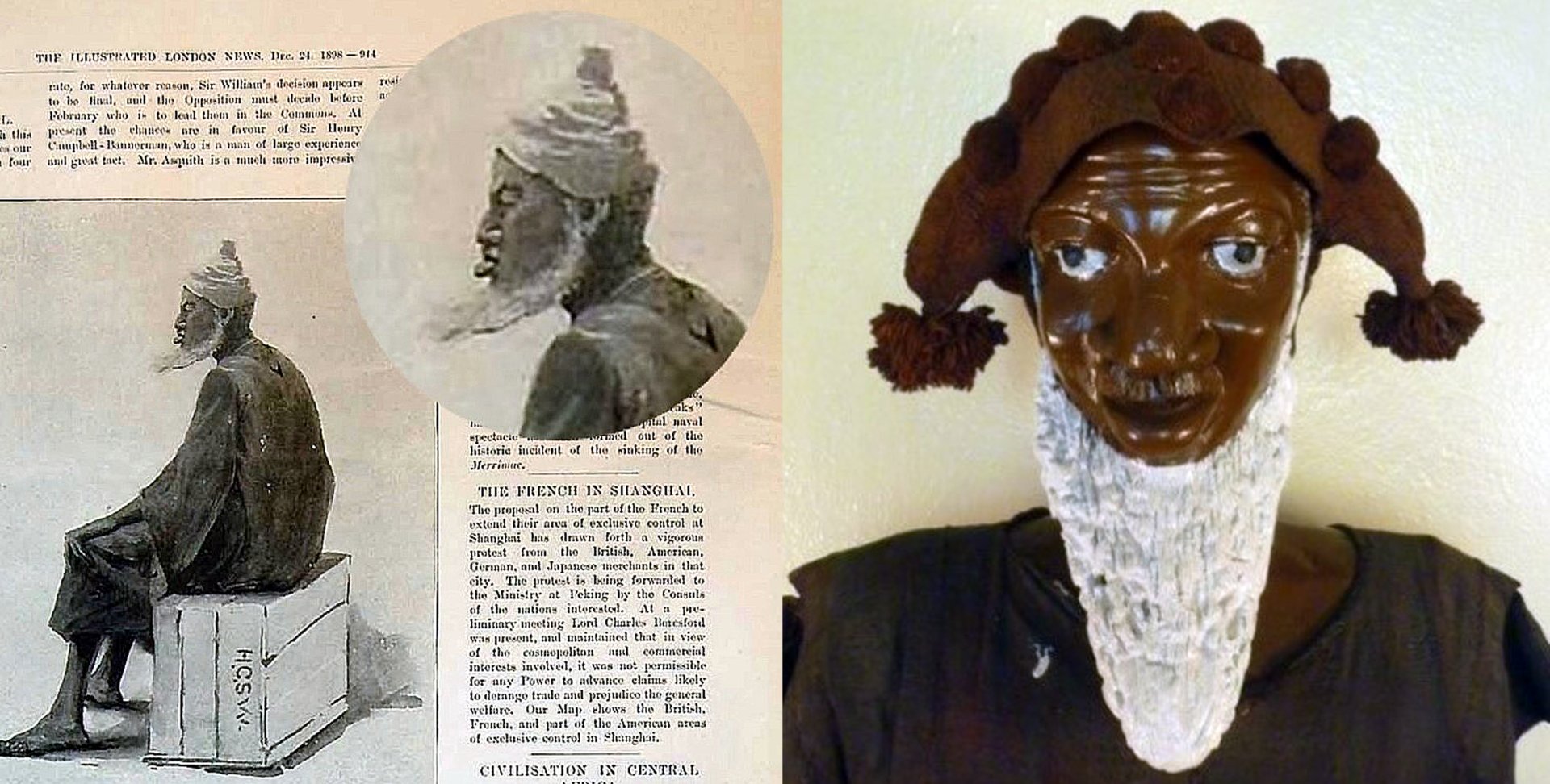 Obr. 2. A) Skica tužkou zachycující Bai Bureha v průběhu internace v Ascension Town. Obrázek byl publikován v The Illustrated London News v roce 1898. B) Portrét Bai Bureha vytvořený podle této jediné kresby. Převzato z: https://cocorioko.net/three-faces-of-bai-bureh-the-national-hero-of-sierra-leone/