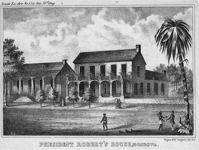 Obr. 3. Dům  prezidenta Robertse v  Monrovii. Autor: Wagner+McGuigan, litografie, období 1840-1905