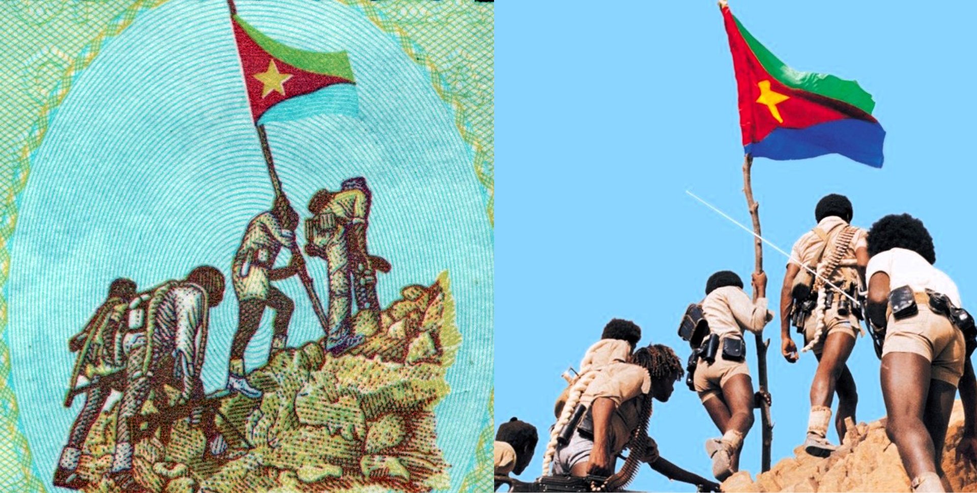 1) A) Výřez z averzu bankovky Eritree  P-1a. Upravená kresba reprodukuje motiv ikonické fotografie. B) Výřez z originálního snímku sloužícího jako předloha motivu.