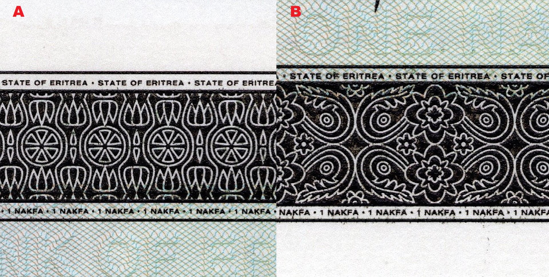 5. A) Negativní ornamenty a pozitivní mikropísmo na horní liště. B) Negativní ornamenty a pozitivní mikropísmo na dolní liště.