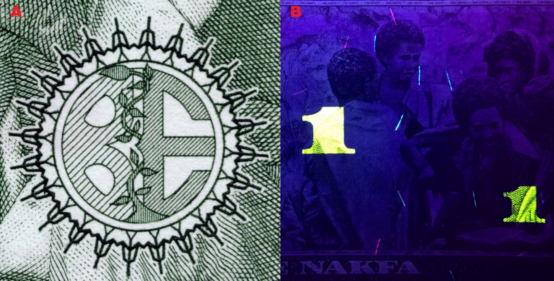 6. A) Logo Bank of Eritrea B) Celoplošné UV pole na reverzu: tři nominály „1“na diagonále zleva doprava a mnohočetná multichromatická vlákna.