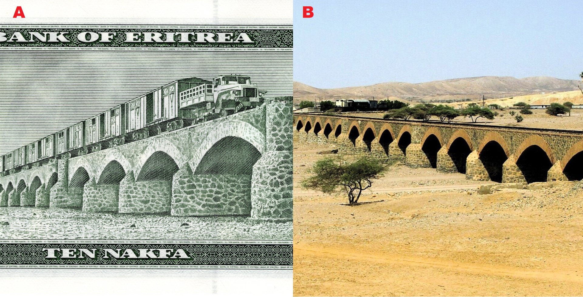1 A) Výřez z reverzu bankovky Eritree P-3. B) Současný stav železničního mostu před vádí Obel. Převzato z: https://commons.wikimedia.org/wiki/File:Railbridge_Massawa.jpg Autor: Reinhard Dietrich