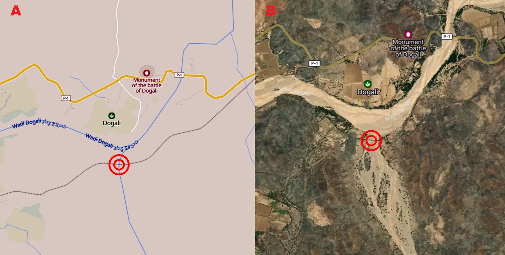 2 A) Lokalizace viaduktu přes vádí Obel na mapě. Převzato: Mapcarta.com B) Lokalizace viaduktu přes vádí Obel na satelitní mapě. Převzato: Mapcarta.com