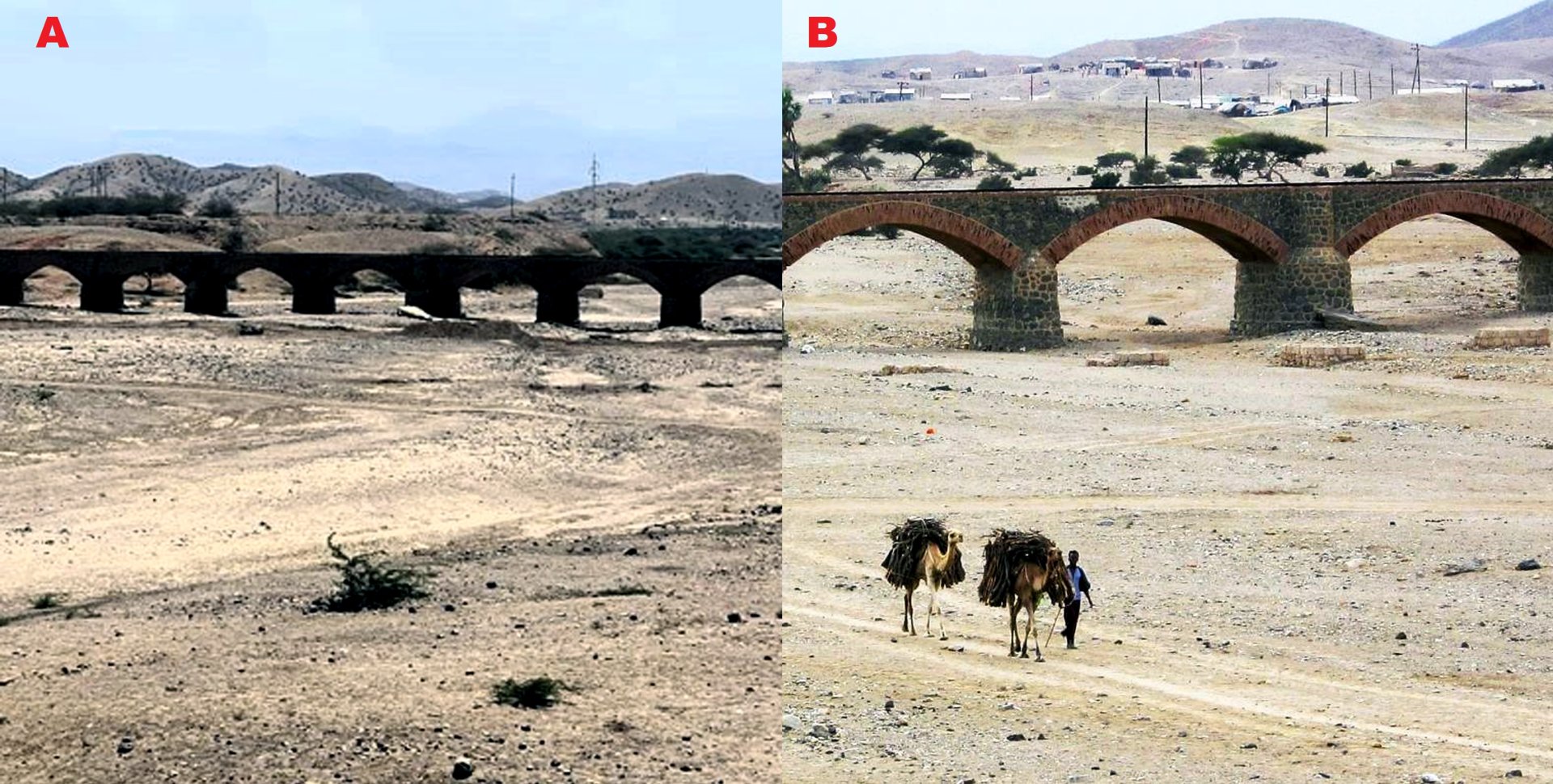 3 A) Pohled na část viaduktu přes vádí Obel. Převzato z:  https://commons.wikimedia.org/wiki/ File: RailbridgeMassawa.jpg Autor: David Stanley B) Pohled na část viaduktu přes vádí Obel. Převzato: https://pbase.com/bmcmorrow/asmaramassawa5 Autor: Brian McMorrow