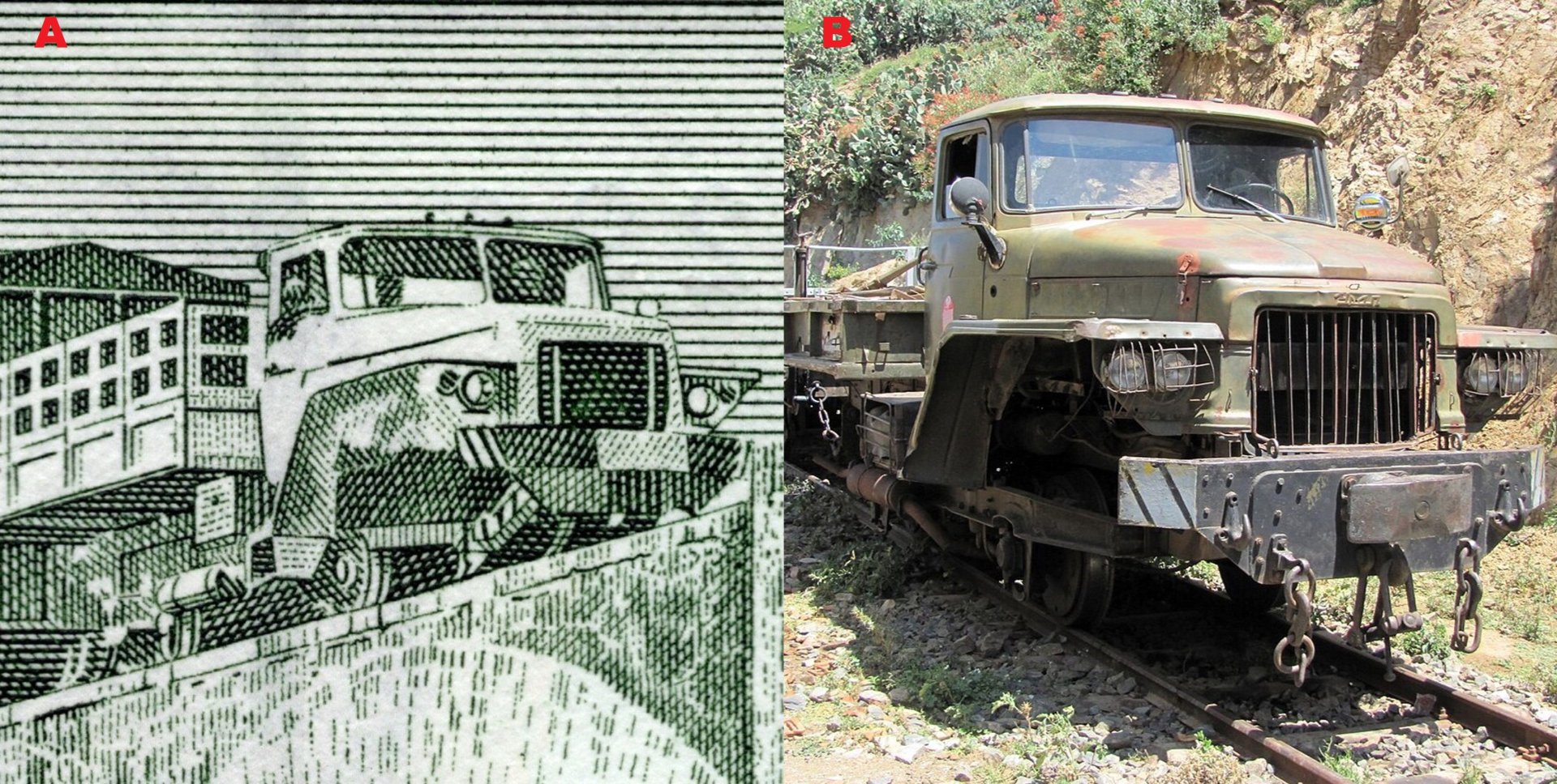 4 A) Detail z reverzu bankovky P-3 zobrazující upravený nákladní automobil Ural-375D B) Fotografie podobně upraveného "camion-wagon" z eritrejské železnice. Převzato z: https://commons.wikimedia.org/wiki/ File: Railbridge_Massawa.jpg Autor: Reinhard Dietrich