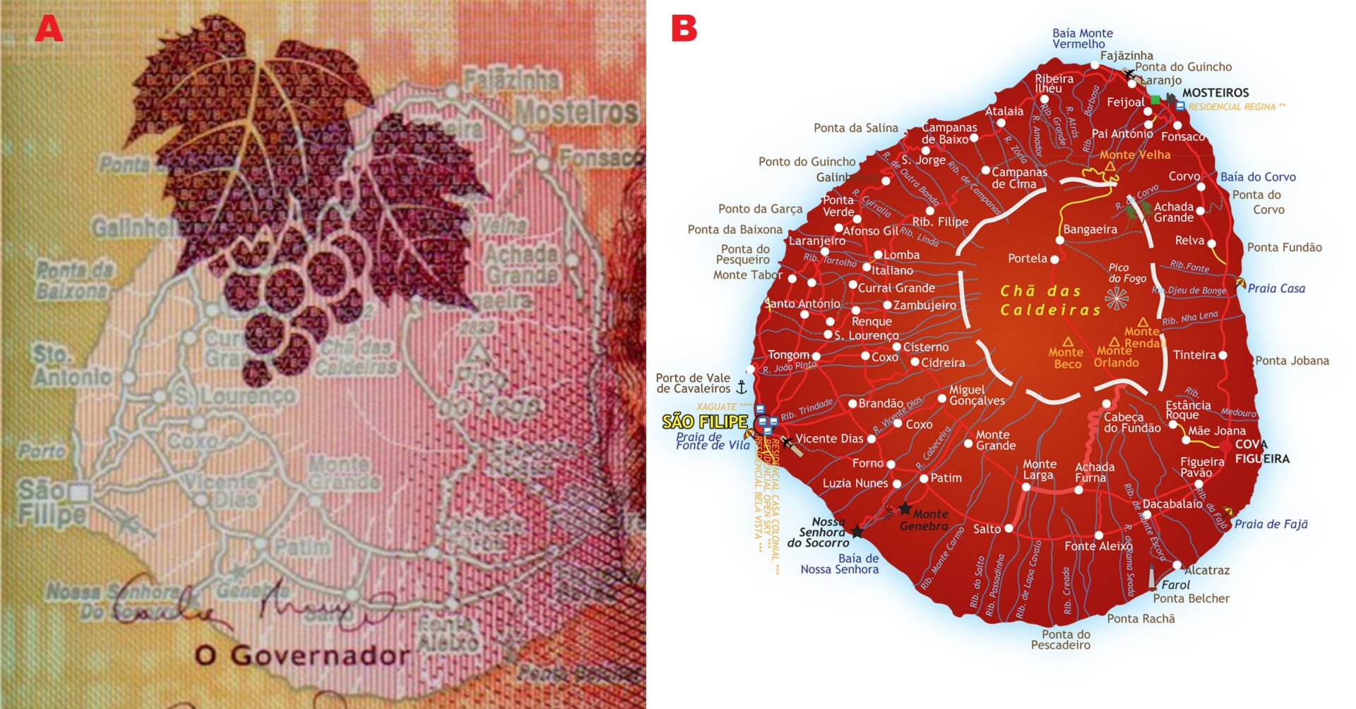 Obr 1 A) Mapa ostrova Fogo ve výřezu z averzu bankovky P#71 B) Podobná mapa ostrova Fogo z materiálu cestovní kanceláře. Převzato z http://morabitur.com/switchlanguage /to/morabitur_por/Insel/Fogo