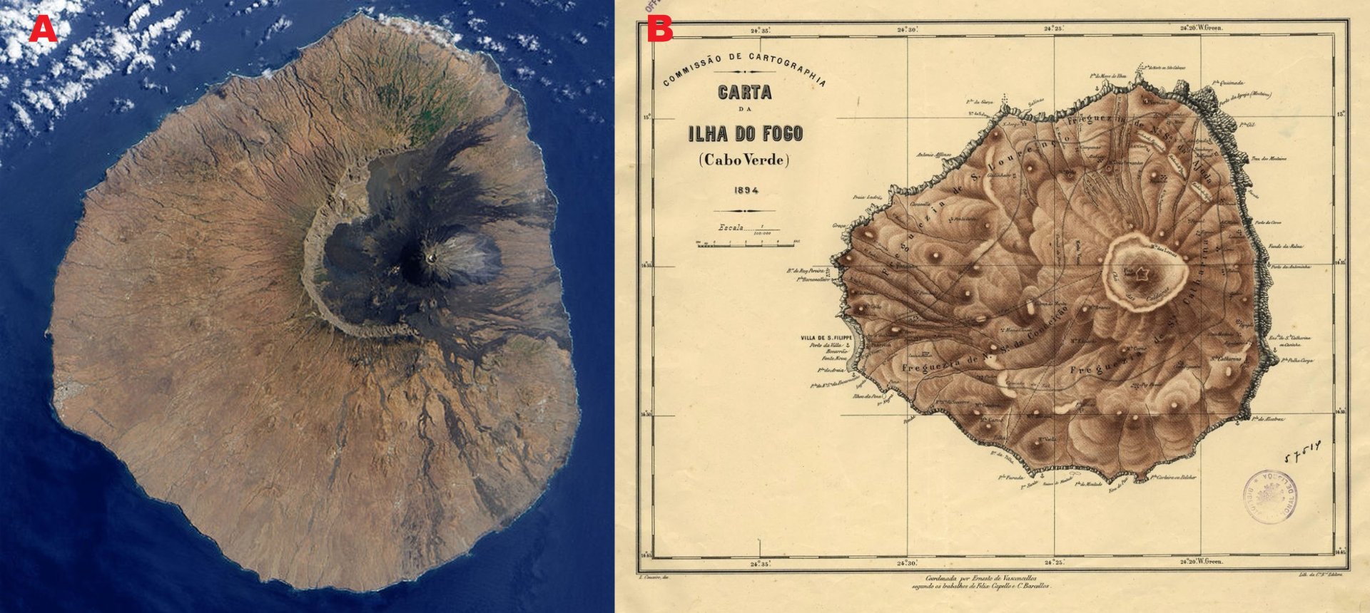 Obr 2 A) Letecký pohled na ostrov Fogo. Převzato z: https://en.wikipedia.com  B) Mapa ostrova Fogo z roku 1894. Převzato z: https://www.ign.es/web/catalogo-cartoteca/resources/html/002241.html