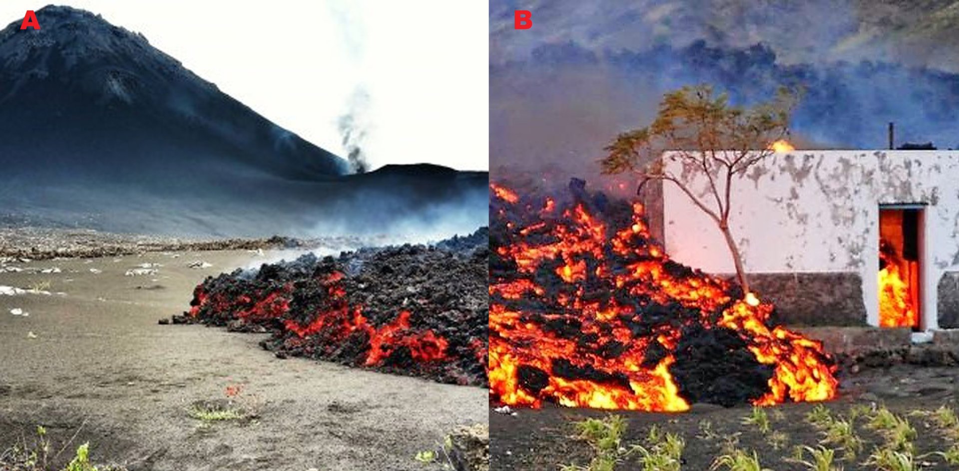 Obr 4 A) Lávové pole blížící se k hranicím vinice. Převzato z: http://cabotrekking.wixsite .com/cabotrekking-tour/trekking-fogo-island B) Zkáza vinařství „Sodade“ v Chã das Caldeiras v prosinci 2014. Převzato z: http://radarnewsonline.blogspot.com/2014/12