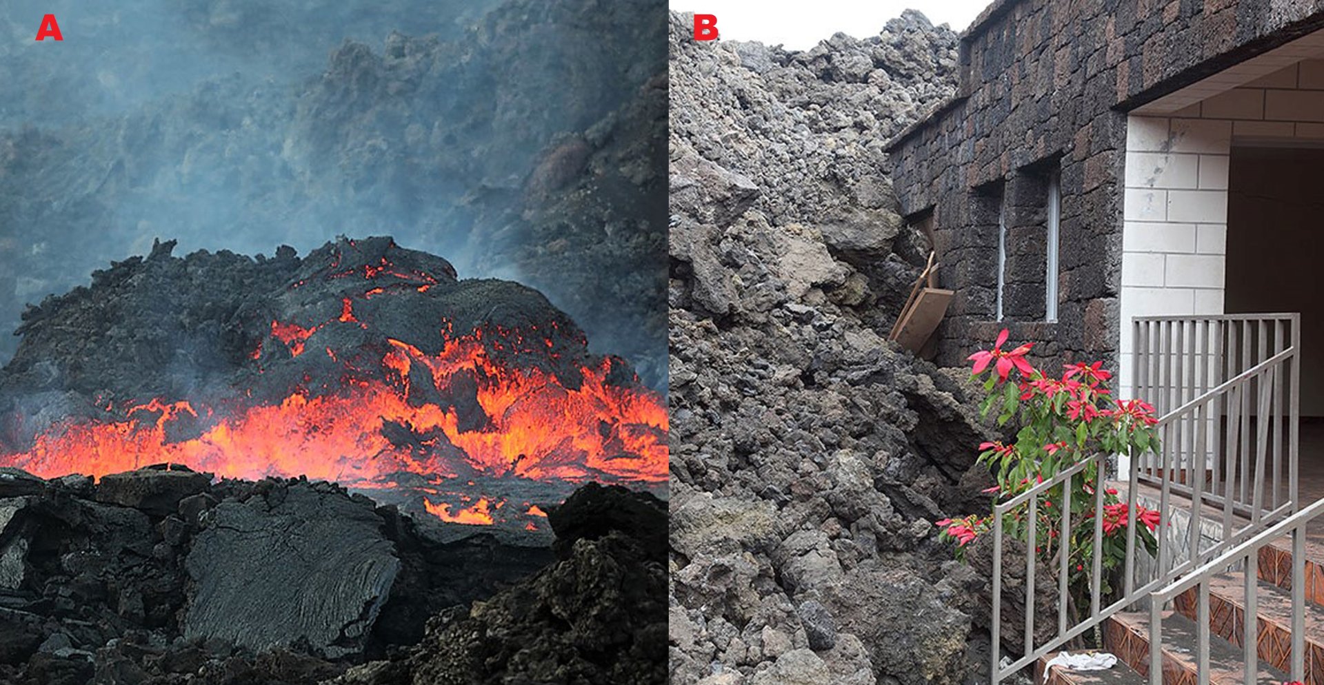 Obr 5 A) Čelo pomalého lávového pole. B) Destrukce obytné budovy v Chã das Caldeiras. Autor: ND. Převzato z: http://www.photovolcanica.com/VolcanoInfo/Fogo/Fogo.html (oba snímky)