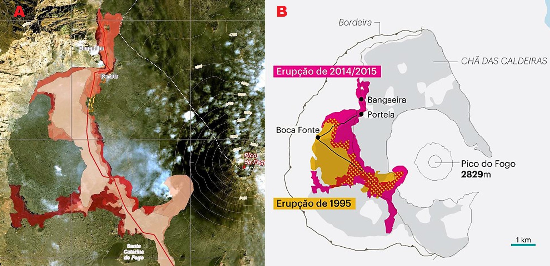 Obr 6 A) Satelitní snímek části kaldery se zakreslením postupu lávového pole po dnech. Převzato z: https:// earthquake-report.com/2014/12/08/fogo-volcano-activity-report-lava-flow-speed-increases-downhill/          B) Srovnání rozsahu erupce v roce 1995 a