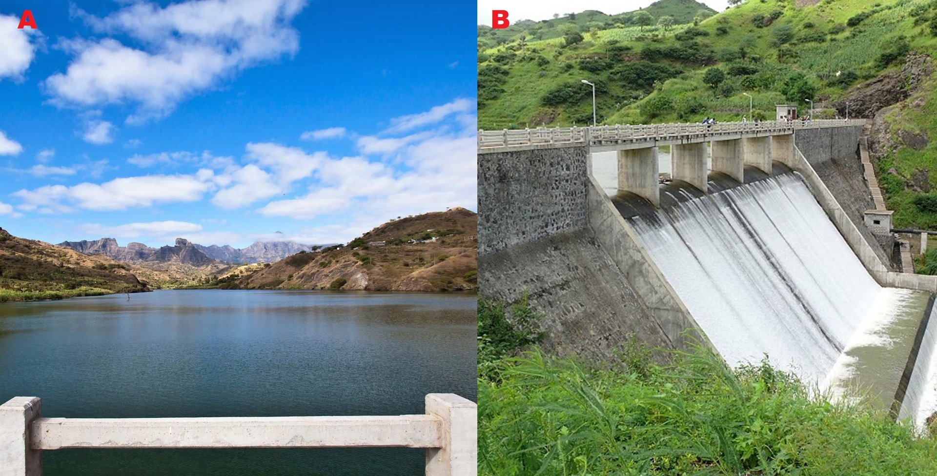 Obr 3 A) Pohled na hladinu nádrže z přehradní hráze. Převzato z: http://caboned.nl/wp-content/uploads/ 2018/10/Barragem-Poilao.jpg B) Pohled na přehradní hráz. Převzato z: http:// www.alluringworld. com/poilao-dam/