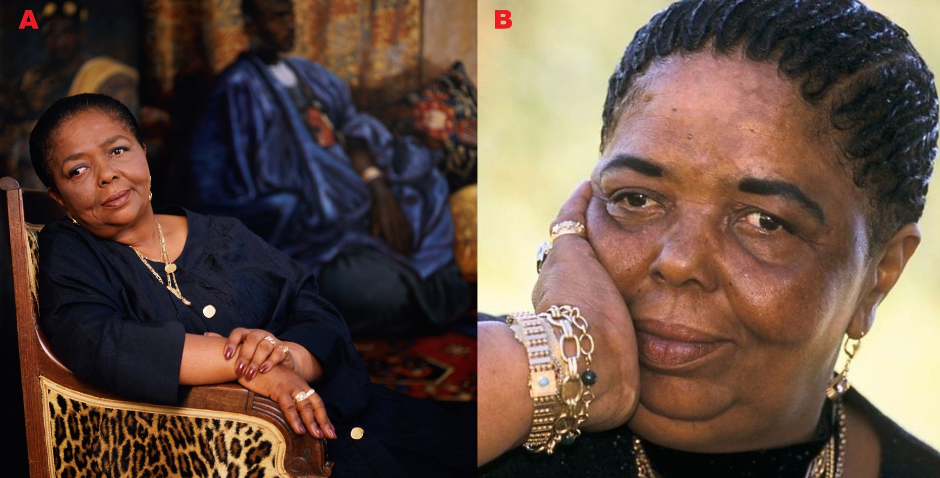 Obr 3 A) Autor: Ernest Collins (1995) Převzato z: https://www.cesaria-evora.com/ B) Autor: George Wafula, (1988). Převzato z:  BBC news.  http://www.loways.com/cesaria-evora-the-barefoot-diva/