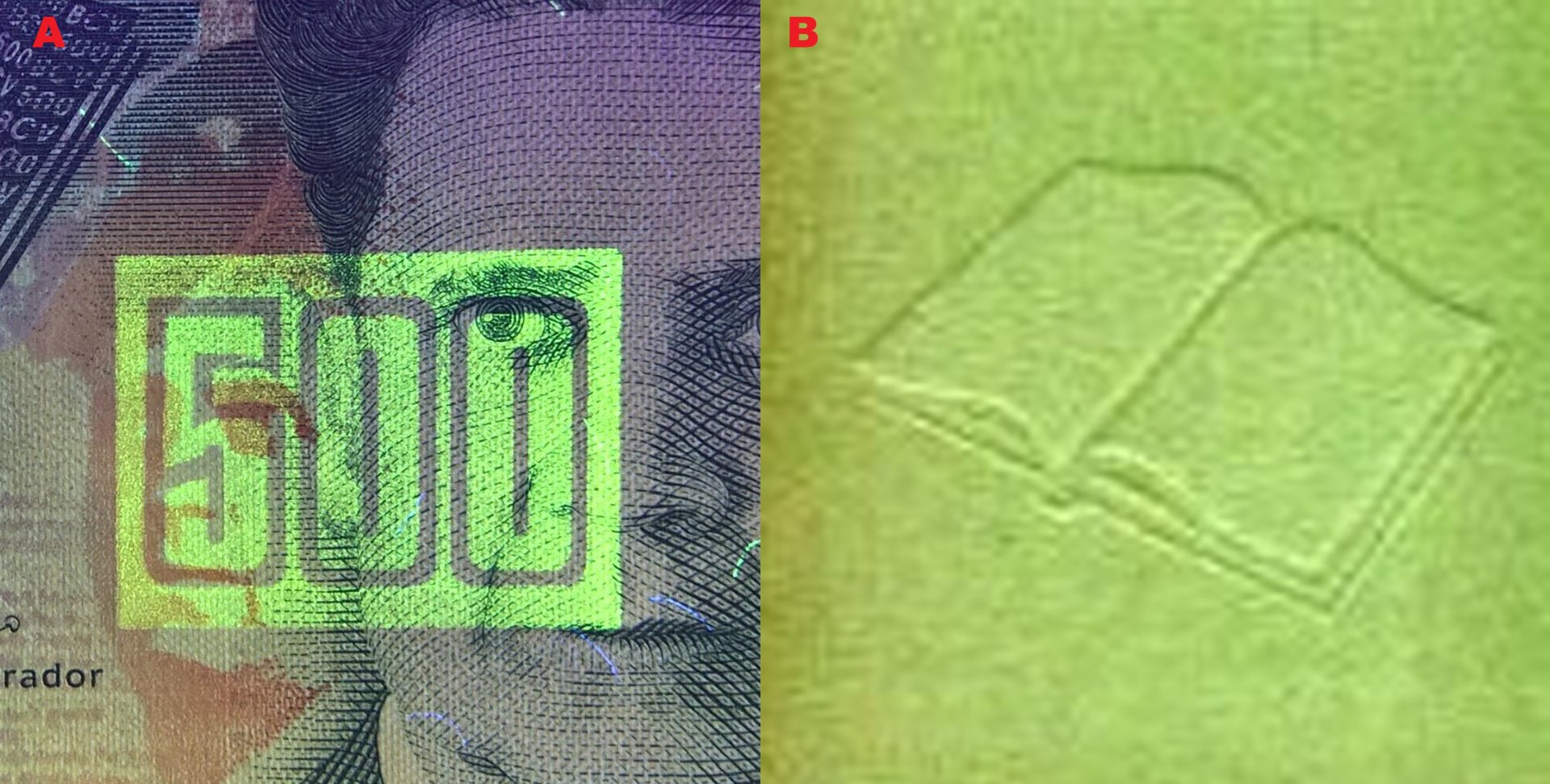 Obr. 5 A) UV pozitivní zelené pole s číselným nominálem 500 B) Profilometricky pozitivní pole s obrazem otevřené knihy