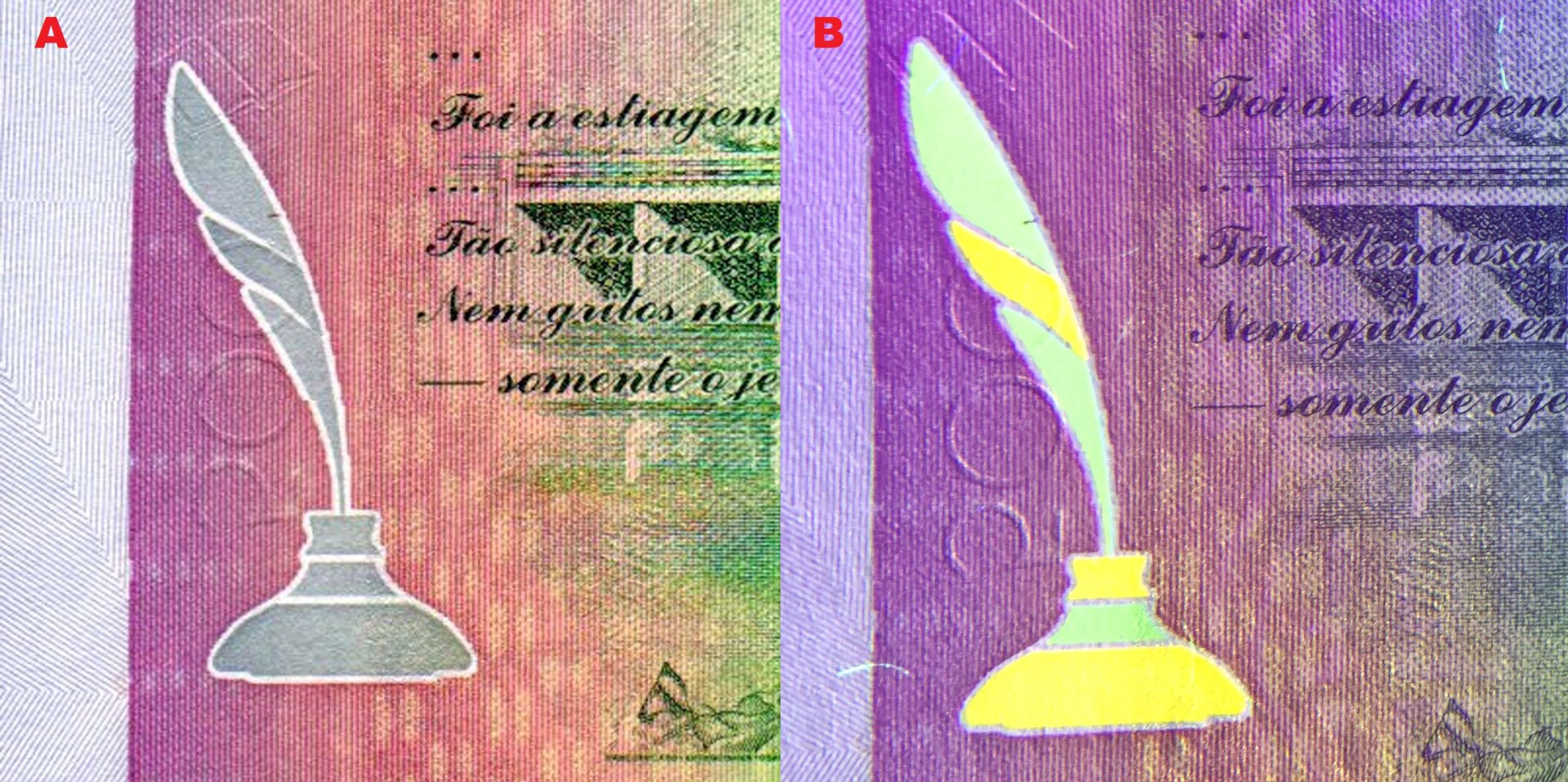 Obr. 6 A) Obraz kalamáře v normálním světle B) změna barev při UV nasvícení obrazu