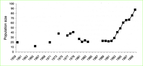 Obr. 5 Kumulativní křivka růstu populace šámy seychelské. Převzato z: http://www.pbs.org/wgbh/nova/eden/ robin.html