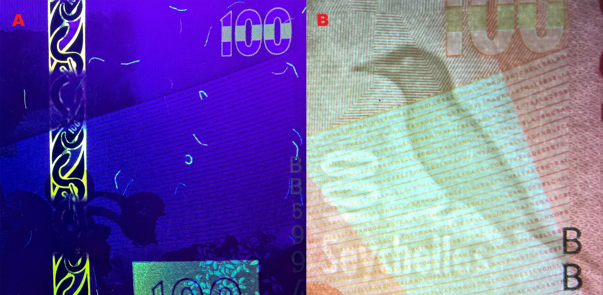 Obr. 6 A) Elementy averzu bankovky pod UV nasvícením – bezpečnostní okénkový proužek, nominál „100“, část UV pozitivního pole vpravo a difúzně vlákna B) Nesouhlasný figurální vodoznak lejskovce seychelského, nominálu „100“ a opisu „Seychelles“.