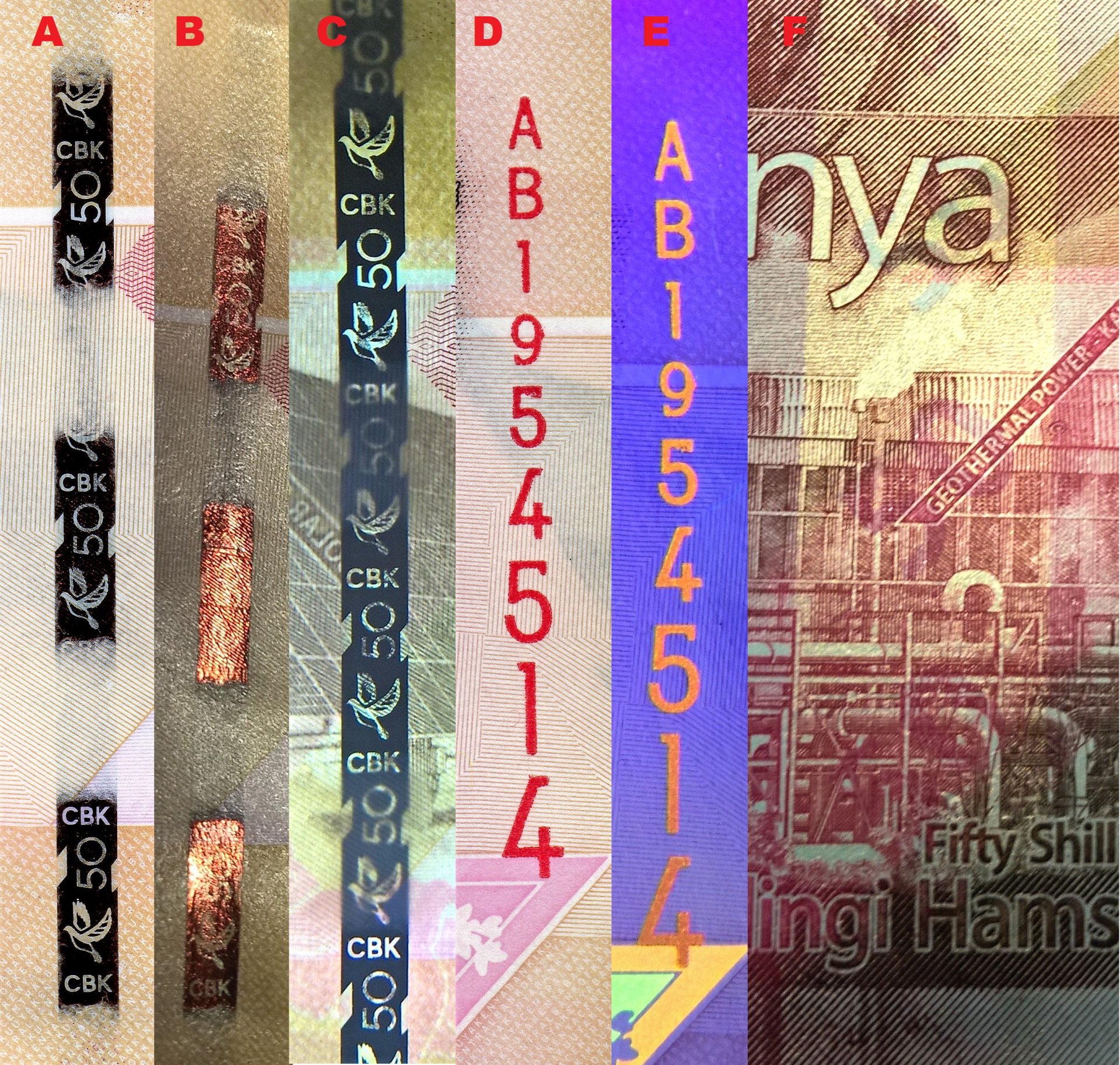 9. A)  Bezpečnostní intermitentní proužek B) Změna barvy na kovově měděnou při náklonu bankovky kolem vertikální osy C) V protisvětle se jeví bezpečnostní proužek jako souvislý D) Vertikální ascendentní červené sériové číslo E) Totéž sériové číslo pod UV