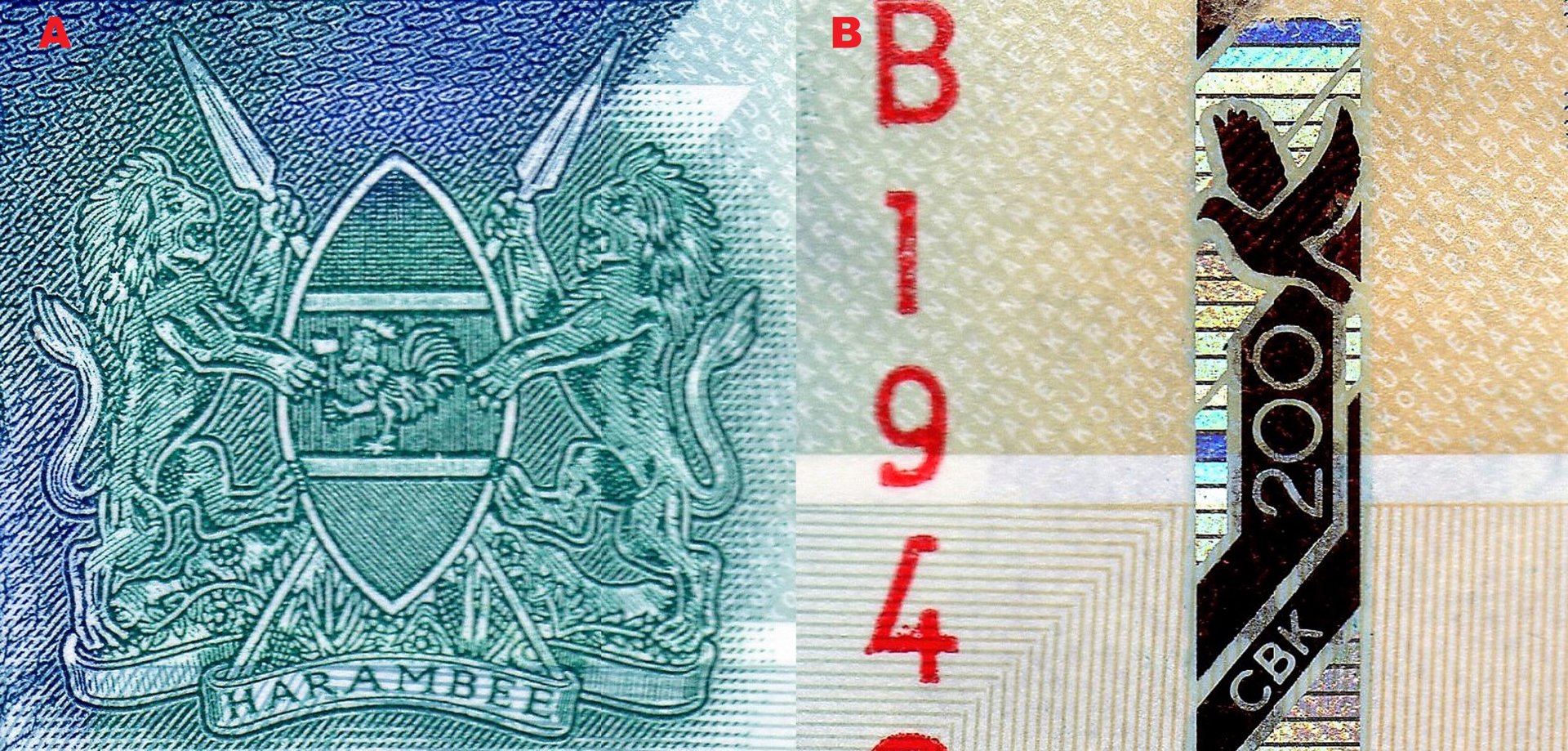Averz horizontálně orientované bankovky je graficky členěn přibližně do dvou panelů v poměru 1:2, převládající barva modrá. Plocha averzu i reverzu je členěna četnými kosodélníky. Všechny opisy v anglickém jazyce a svahili. Difuzně jsou rozptýlena UZ pozi