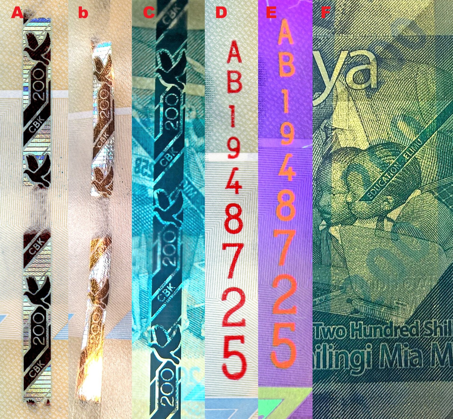 9. A) Bezpečnostní intermitentní proužek B) Změna barvy na kovově měděnou při náklonu bankovky kolem vertikální osy C) V protisvětle se jeví bezpečnostní proužek jako souvislý D) Vertikální ascendentní červené sériové číslo E) Totéž sériové číslo pod UV n