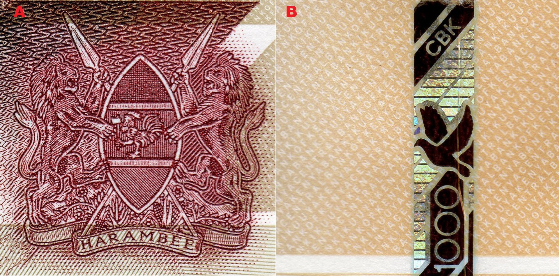 1. A) Státní znak Keni, skutečné barvy erbu jsou označeny šrafováním podle heraldických pravidel. B) Negativní mikropísmo (CENTRALBABKOFKENYA a BANKIKUUYAKENYA) a detail bezpečnostního proužku.