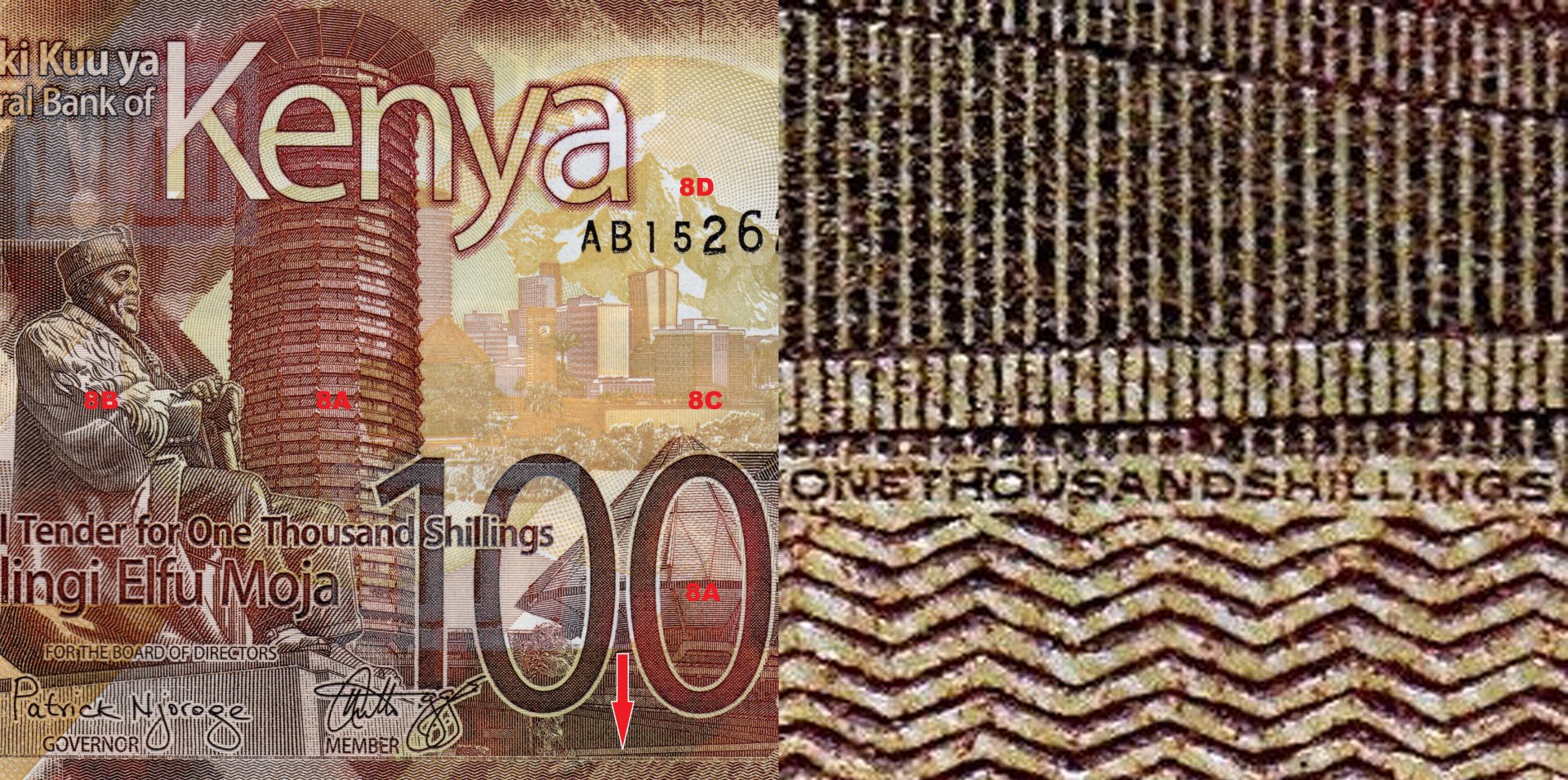 4. A) Hlavní motiv bankovky 8A) Kenyatta International Convention Centre, 8B) socha Jomo Kenyatty, 8C) panorama Nairobi a 8D) vrcholy Mount Kenya, červená šipka označuje pozici mikropísma B) Detail pozitivního mikropísma