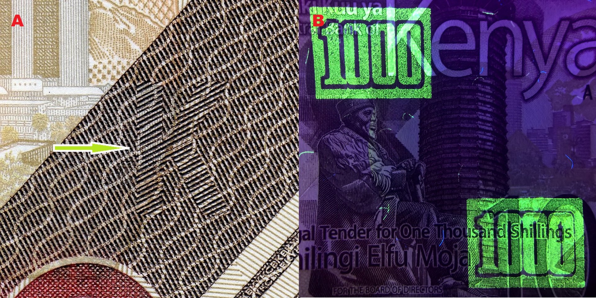 5. Latentní obraz písmene "K" (hrot zelené šipky se dotýká kontury písmene) B) Dvě UV pozitivní pole s nominálem "1000".
