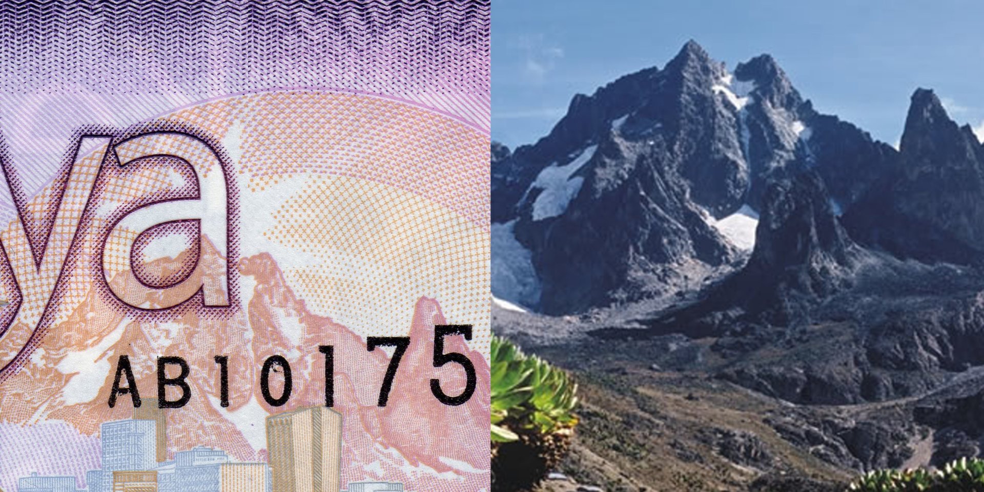 1 A) Výřez z bankovky nové emise 2019 zachycující vrchol hory Mount Kenya.  B) Upravené fotografie s podobným pohledem na vrchol hory. Převzato z: http://www.primadonasafaris.co.ke/mount-kenya-trekking/