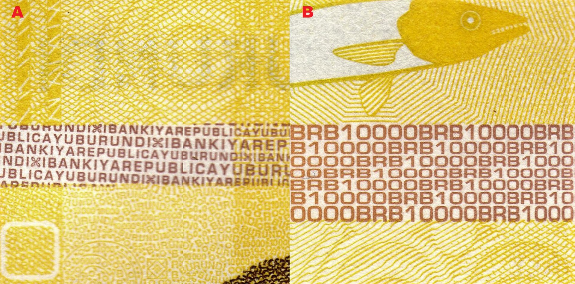 1 A) Horní pruh tvořený pozitivním mikropísmem opisu "IBANKIYAREPUBLICAYUBURUNDI" oddělených grafickou značkou. B) Dolní širší pruh pozitivního mikropísma "BRB10000".