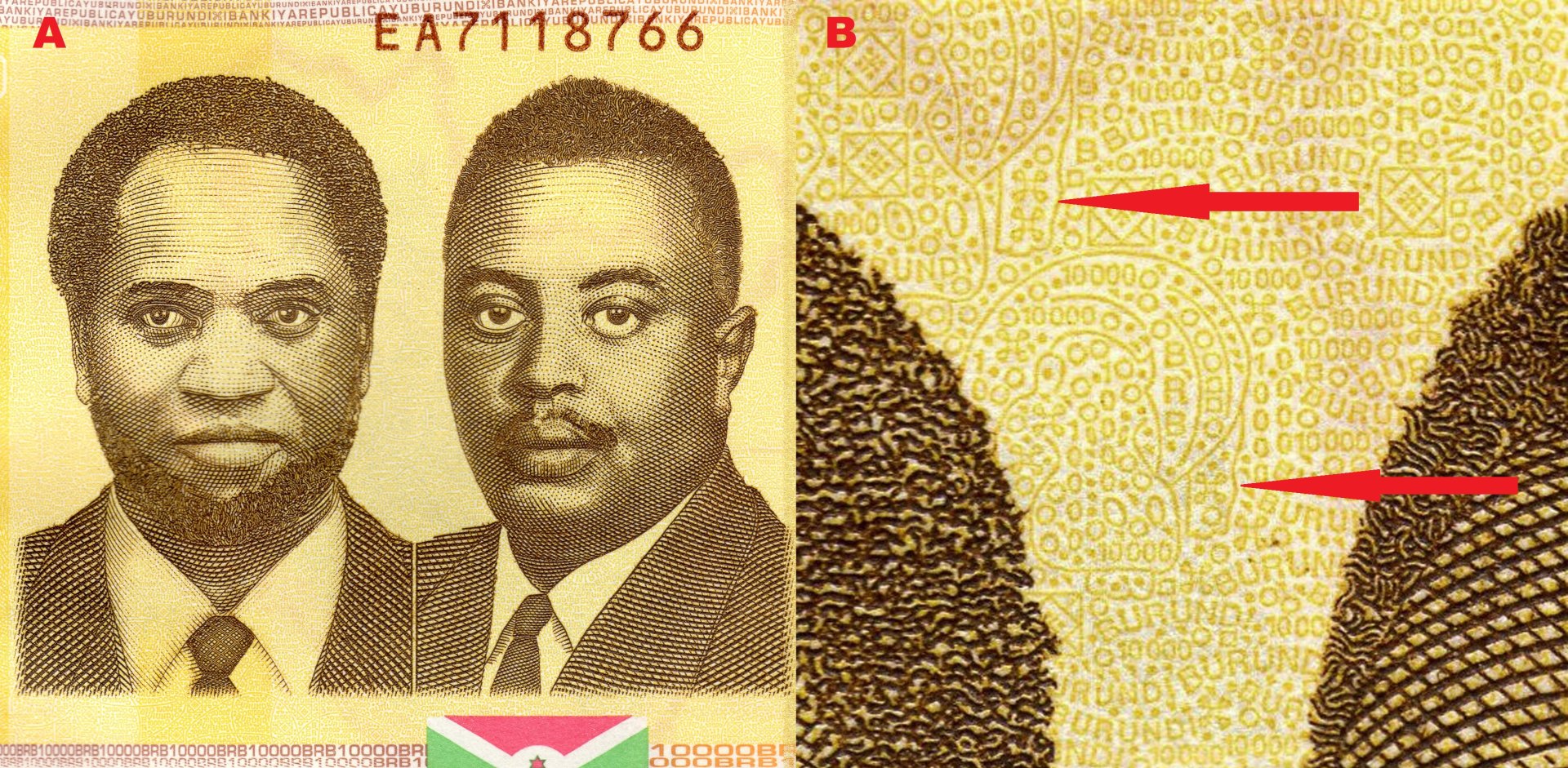 3 A) Portrét prezidenta Melchiora Ndadaye (vlevo) a prince Luise Rwagasoreho (vpravo). B) podkladová, červená šipka směřuje k obrazu hrocha.