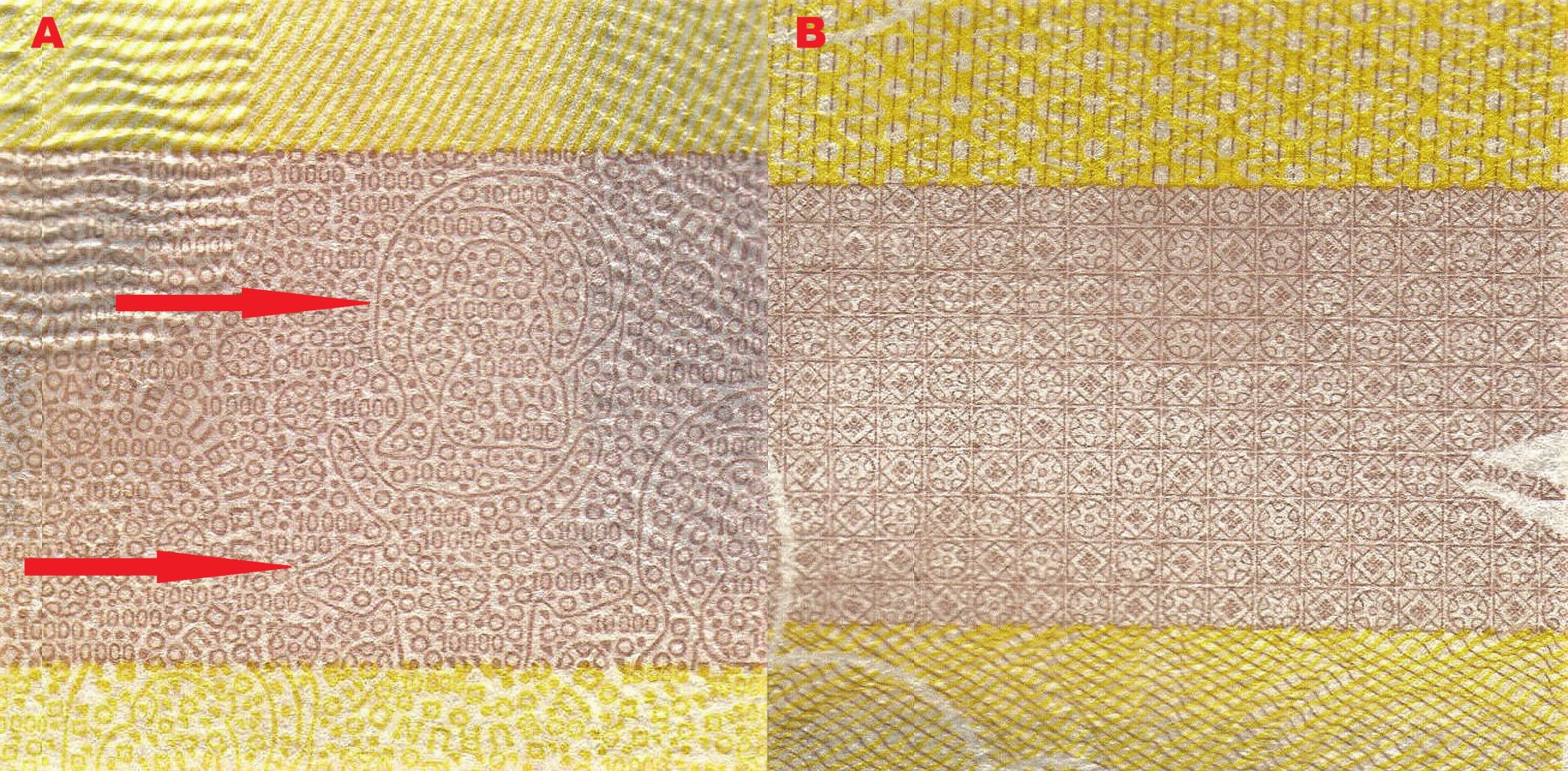 7 A) Dolní širší pruh v levém panelu s mikropísmem, nominály a liniemi vytvářejícími obraz hrocha (horní červená šipka) nebo čelně hledící hlavy skotu (dolní červená šipka) B) Grafický ornament v pravém panelu.