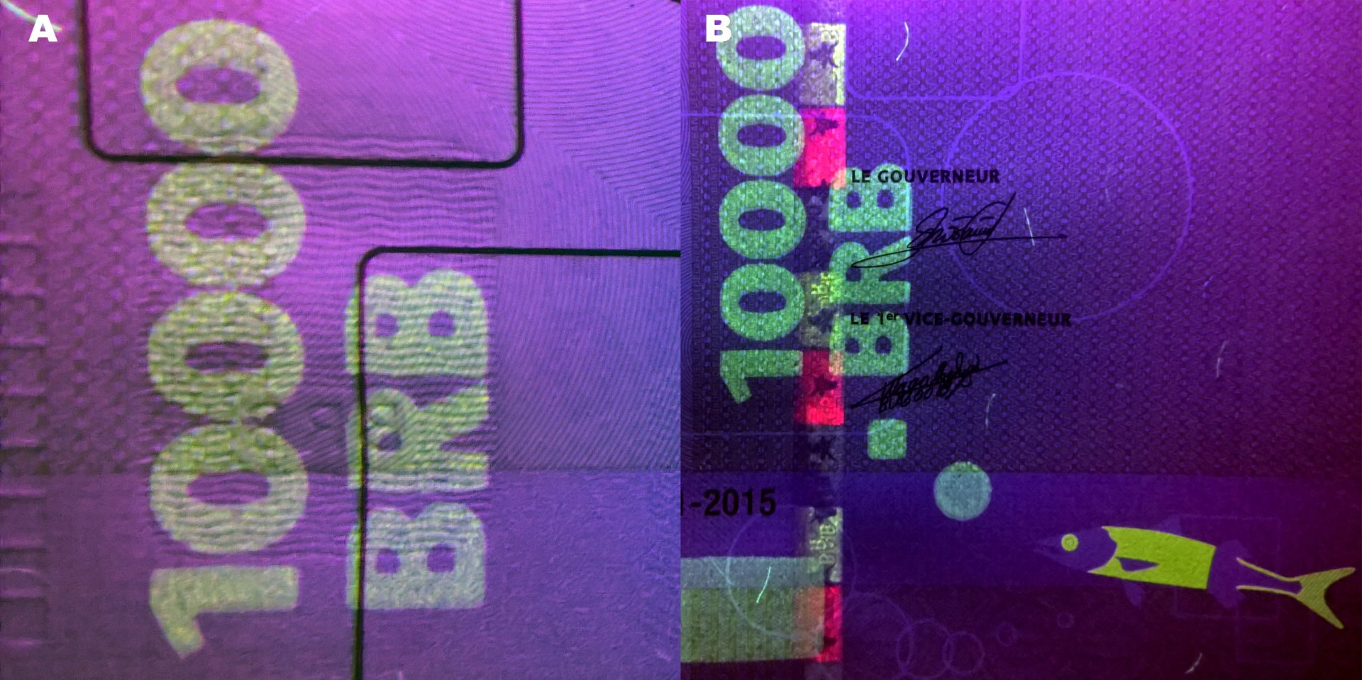 8 A) UV pole v levém panelu reverzu B) UV pole podél levého okraje pravého panelu, bezpečnostní proužek a kolorizovaná soutisková značka.