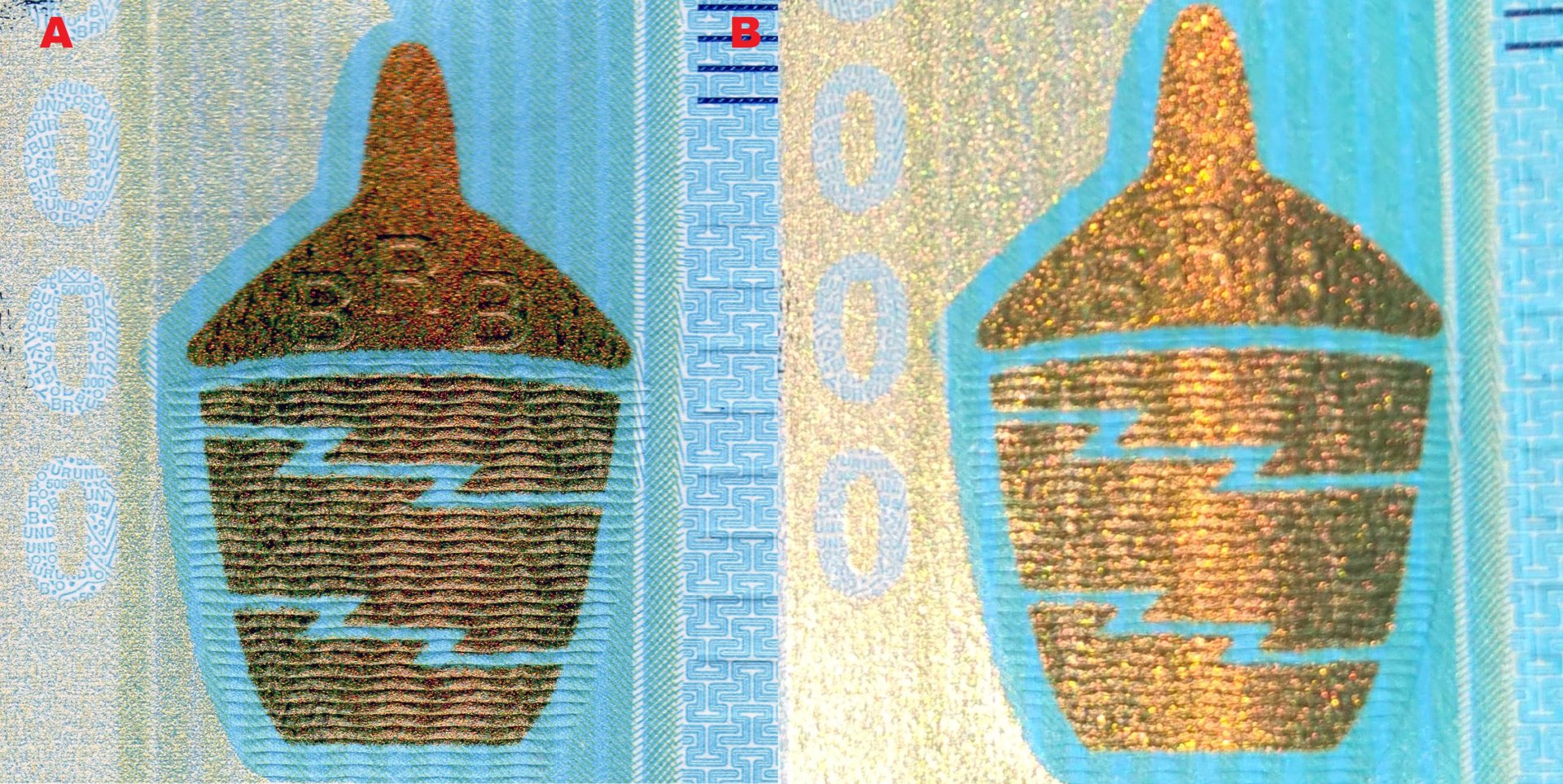 5 A) Proutěný košík "agaseke" s profilometricky pozitivním akronymem "BRB" B) Při otáčení bankovkou se zobrazuje vertikální pohyblivý iridescentní pruh měděného zabarvení.