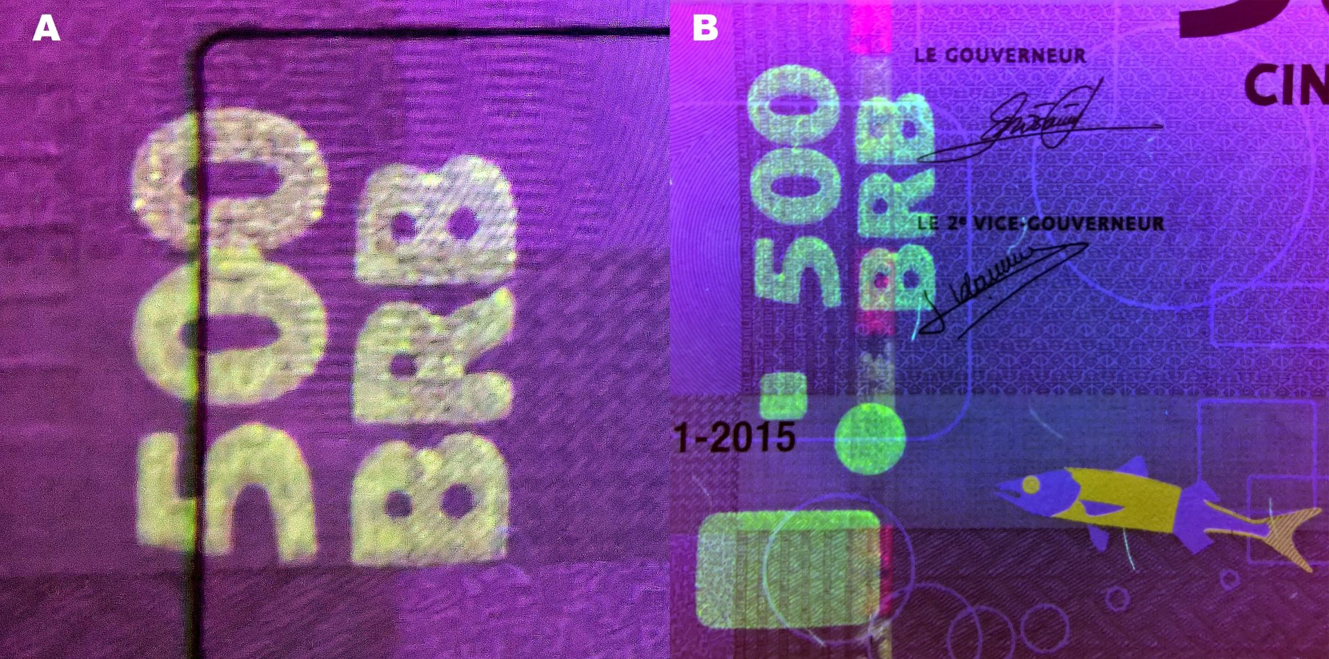 6 A) UV pole v levém panelu reverzu B) UV pole podél levého okraje pravého panelu reverzu, bezpečnostní proužek a kolorizovaná soutisková značka.